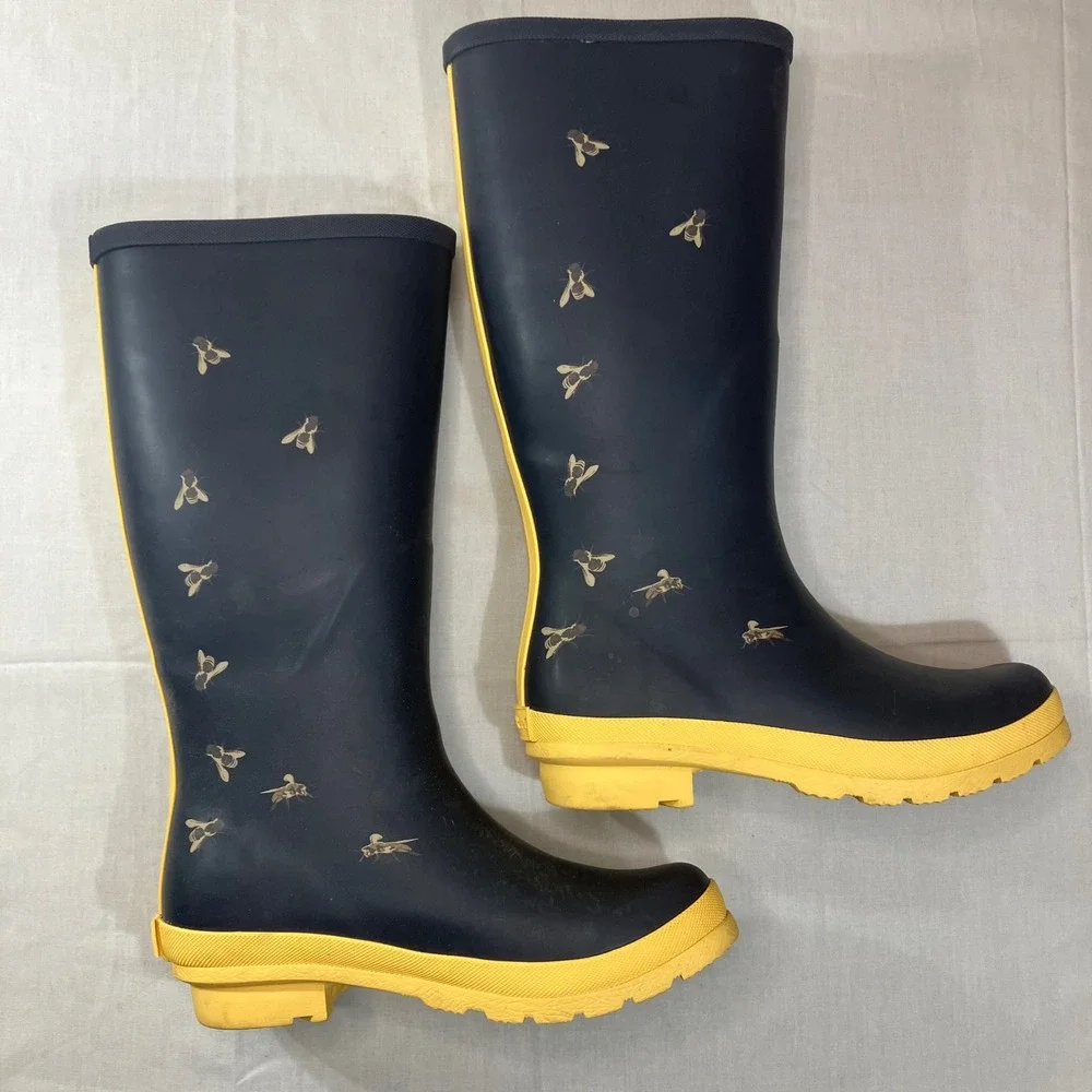 Serra Womens Navy Blue Yellow Bumble Bee Tall Rain Boots Size 7 Item 54115
